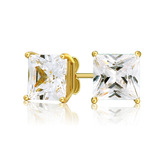 Solid 925 Sterling Silver Princess Cut Stud Earrings 7mm with 14k Gold