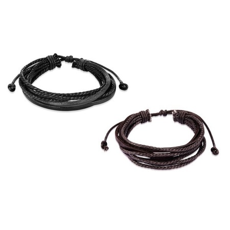 2pc Set Genuine Cow Leather Milti-strand Bracelet -Blk&Brw