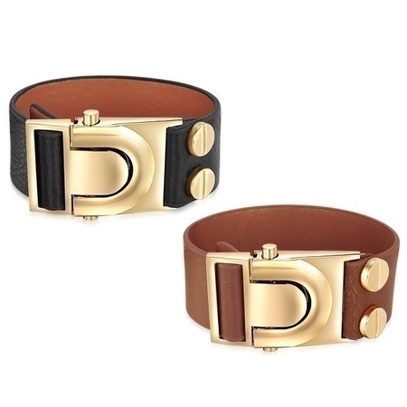 2pc Set Genuine Cow Leather Clasp Bracelet - BLK&BRW