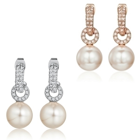2 Pair Set Pearl Drop Earrings Embellished with Crystals from Swarovski - White & Rose Gold