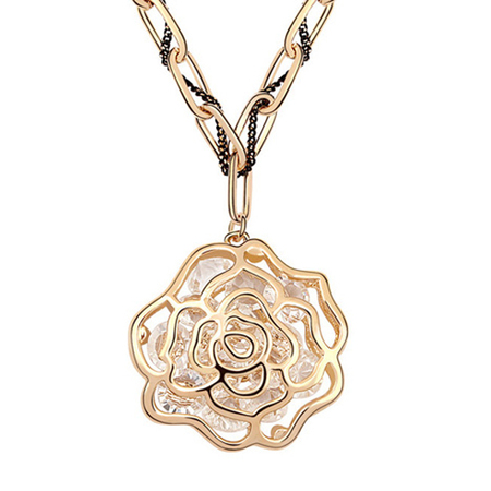 Rosey Long Pendant Necklace Embellished with Crystals from Swarovski - Gold