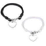 2pc Set Genuine Cow Leather Heart Bracelet -BLK&WHT
