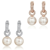 2 Pair Set Pearl Drop Earrings Embellished with Crystals from Swarovski - White & Rose Gold