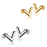 2 Prs Stud Earrings - V shaped - Gold and White Gold