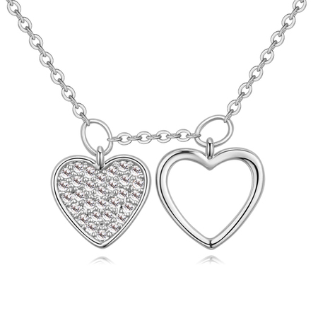 Dual Heart Pendant Necklace - White Gold / Clear