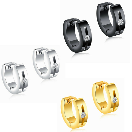 3 Prs Huggie Hoop Earrings - White Gold, Gold and Jet Black